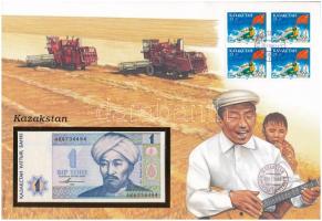 Kazahsztán 1993. 1T felbélyegzett borítékban, bélyegzéssel T:UNC Kazakhstan 1993. 1 Tenge in envelope with stamp and cancellation C:UNC