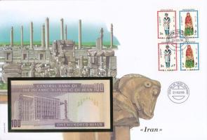Irán DN(1985) 100R felbélyegzett borítékban, bélyegzéssel T:UNC Iran ND(1985) 100 Rials in envelope with stamp and cancellation C:UNC