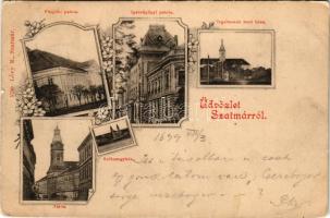 1899 (Vorläufer!) Szatmárnémeti, Szatmár, Satu Mare; Püspöki palota, Igazságügyi palota, Irgalmasok rendháza, zárda, székesegyház. Lővy M. kiadása 5790. / Bishop's palace, Palace of Justice, nunnery, cathedral. Art Nouveau, floral (EK)