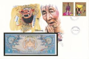 Bhutan 1N DN (1981-1985). felbélyegzett borítékban, bélyegzéssel T:UNC Bhutan ND (1981-1985). 1 Ngultrum in envelope with stamp and cancellation C:UNC