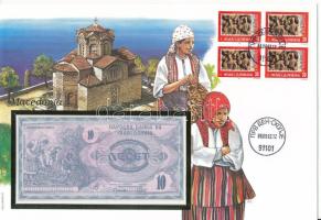 Macedónia 1992. 10D felbélyegzett borítékban, bélyegzéssel T:UNC Macedonia 1992. 10 Dinara in envelope with stamp and cancellation C:UNC