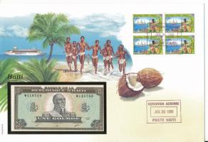 Haiti 1989. 1G felbélyegzett borítékban, bélyegzéssel T:UNC Haiti 1989. 1 Gourde in envelope with stamp and cancellation C:UNC
