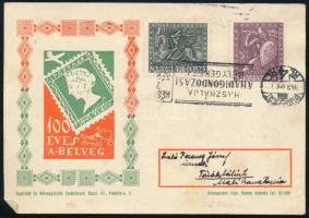 1934 Levelezőlap Hadigondozás bélyegekkel, közte a visszavont 3f értékkel "HASZNÁLJA A HADIGONDOZÁSI BÉLYEGEKET!"