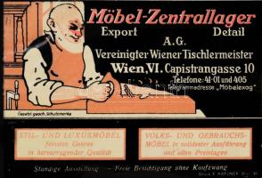 cca 1915 Möbel Zentrallager Ag. Wien, Marialhilfer Str. bútorasztalos reklám karton dekoratív rajzos...