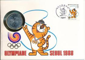 Dél-Korea 1982. 1000W Cu-Ni "Szöuli Olimpiai Játékok 1988" felbélyegzett borítékban, bélyegzéssel, német nyelvű leírással T:UNC,AU South Korea 1982. 1000 Won Cu-Ni "Olympic Games 1988 in Seoul" in envelope with stamp and cancellation, with German description C:UNC,AU Krause KM#28