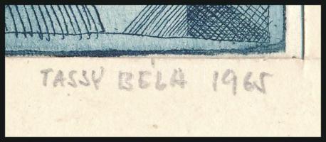 Tassy Béla (1942-): Fej, 1965. Rézkarc, papír, jelzett, paszpartuban, 9,5x18 cm. Rendkívül korai dar...