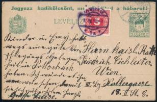 1918 8f díjjegyes levelezőlap Bécsbe, 5h portóval / PS-card to Vienna with postage due