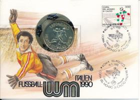 Magyarország 1988. 100Ft Cu-Ni-Zn "Labdarúgó Világbajnokság 1990 - Két játékos" felbélyegzett borítékban, olasz nyelvű bélyegzésekkel T:BU Hungary 1988. 100 Forint Cu-Ni-Zn "Football World Cup 1990 - Two players" in envelope with stamp and cancellation C:BU Adamo EM105