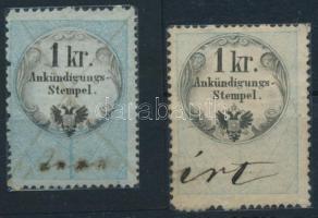2 db 1kr Hírdetménybélyeg