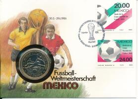 Man-sziget 1986. 1C Cu-Ni "Labdarúgó Világbajnokság 1986" felbélyegzett borítékban, bélyegzéssel, német nyelvű leírással T:UNC Isle of Man 1986. 1 Crown Cu-Ni "Football World Cup 1986" in envelope with stamp and cancellation, with German description C:UNC Krause KM#161