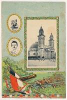 Szatmárnémeti, Szatmár, Satu Mare; Római katolikus templom, székesegyház. Weisz Zoltán kiadása, szecessziós litho keret I. Ferenc József és IV. Károly arcképével, osztrák-magyar katonákkal / cathedral. Art Nouveau frame with Franz Joseph I and Charles I of Austria, K.u.K. soldiers, Viribus Unitis propaganda. litho (fl)