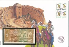 Moldova 1992. 1L felbélyegzett borítékban, bélyegzéssel T:UNC Moldova 1992. 1 Leu in envelope with stamp and cancellation C:UNC