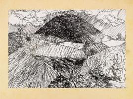 Tassy Béla (1942-): Táj (cím nélkül). Filctoll, papír, jelezve jobbra lent (kissé foltos paszpartu által takarva). 21x31,5 cm.