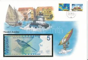 Holland-Antillák 1986. 5G felbélyegzett borítékban, bélyegzéssel T:UNC Netherlands Antilles 1986. 5 Gulden in envelope with stamp and cancellation C:UNC