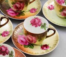 Régi kávés készlet, levonóképes rózsamintával, teljes, kopással, jelzés nélkül, m: 23 cm alatt