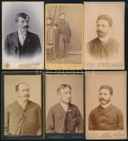 cca 1860-1900 Férfiportrék, 6 db vizitkártya, klf. műtermekből (Székely Aladár, Knebel Ferenc, stb.), 10,5x6,5 cm körül