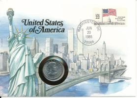 Amerikai Egyesült Államok 1979S 1$ Cu-Ni "Susan B. Anthony" felbélyegzett borítékban, bélyegzéssel, német nyelvű leírással T:AU USA 1979S 1 Dollar Cu-Ni "Susan B. Anthony" in envelope with stamp and cancellation, with German description C:AU