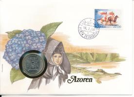 Portugália / Azori-szigetek 1980. 25E Cu-Ni "Az Azori-szigetek autonóm régiója" forgalmi emlékkiadás felbélyegzett borítékban, bélyegzéssel T:AU Portugal / The Azores 1980. 25 Escudos Cu-Ni "Regional Autonomy of the Azores" circulating commemorative coin in envelope with stamp and cancellation C:UNC Krause KM#43