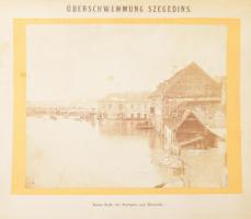1879 Szegedi nagy árvízről készült össz. 7 db fotó, klf. helyszínekkel (Rókus, Alsóváros, Belváros stb.), kartonra kasírozva, korabeli nyomtatott német nyelvű feliratokkal, két fotón Letzter &amp; Lauscher temesvári fényképész nyomtatott jelzése, 20x24 cm