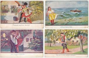4 db RÉGI magyar nótás népviseletes képeslap vegyes minőségben, Bernáth szignó / 4 pre-1945 Hungarian folklore postcards with folk songs, in mixed quality