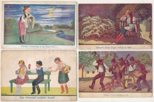 4 db RÉGI magyar nótás népviseletes képeslap vegyes minőségben, Bernáth szignó / 4 pre-1945 Hungarian folklore postcards with folk songs, in mixed quality