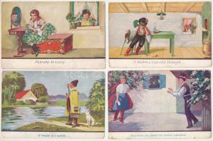4 db RÉGI magyar nótás népviseletes képeslap vegyes minőségben, Bernáth szignó / 4 pre-1945 Hungarian folklore postcards with folk songs, in mixed quality