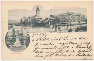 1903 Nagybánya, Baia Mare; Református templom, Állami polgári leányiskola, piac, Lendvay szobor. Kovács Gyula kiadása / Calvinist church, girls' school, market, statue, monument (EK)
