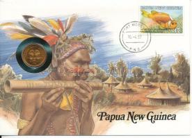 Pápua Új-Guinea 1987. 2t Cu-Zn felbélyegzett borítékban, bélyegzéssel, német nyelvű leírással T:UNC patina Papua New Guinea 1987. 2 Toea Cu-Zn in envelope with stamp and cancellation, with German description C:UNC patina