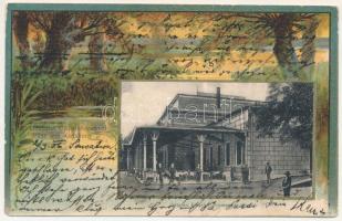 1906 Gyulafehérvár, Karlsburg, Alba Iulia; Sétatéri kioszk. Schäser Ferenc kiadása, szecessziós litho keret / Promenade-Kiosk / promenade kiosk, restaurant. Art Nouveau, litho frame (EM)