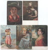 9 db RÉGI hölgyek művészlap, közte lithok / 9 pre-1945 lady art postcards, with lithos