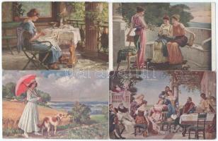 9 db RÉGI hölgyek művészlap, közte lithok / 9 pre-1945 lady art postcards, with lithos