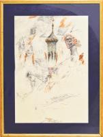 Olvashatatlan jelzéssel: Jelenet, 1988. Tus, filctoll, papír. Üvegezett fakeretben. 42,5x29,5 cm