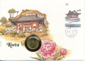 Dél-Korea 1985. 10W felbélyegzett borítékban, bélyegzéssel T:UNC South Korea 1985. 10 Won in envelope with stamp and cancellation C:UNC