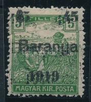 Baranya I 1919 Arató 45/5f kettős felülnyomással, Bodor vizsgálójellel (betapadás / gum disturbance)