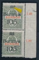 Baranya I 1919 Sürgős ívszéli függőleges pár, a felső bélyeg antikva évszámmal (a felső bélyeg falcos / the upper stamp is hinged) Bodor vizsgálójellel
