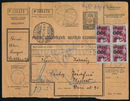 1945 (5. díjszabás) Teljes csomagszállító 5 db illetékbélyeggel