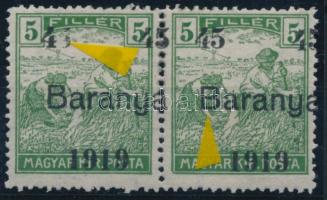 Baranya I 1919 Arató 45/5f pár eltolódott felülnyomással, a bal oldali 45 értékszám hiányos Bodor vizsgálójellel