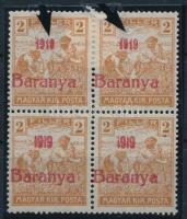 Baranya I 1919 Arató 2f 4-es tömb, a felső két bélyeg antikva évszámmal (a felső két bélyeg falcos / the upper two stamps are hinged), Bodor vizsgálójellel