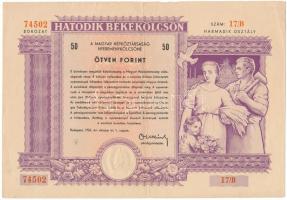 Budapest 1955. "Hatodik Békekölcsön - a Magyar Népköztársaság nyereménykölcsöne" 50Ft értékben, szárazpecséttel, harmadik osztály T:F