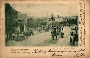 1902 Sopron, Kossuth út, villamos, üzletek. Kummer L. kiadása 227. (EB)