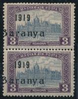 Baranya I 1919 Parlament 3K függőleges párban, balra tolódott felülnyomással, Bodor vizsgálójellel