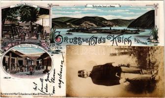 1898 (Vorläufer) Ada Kaleh, Türkische Insel i. d. Donau, Türkischer Bazar / Török sziget Orsova alatt a Dunán, Török bazár, üzlet. Osztrák-magyar katona ráragasztott fotójával / Turkish island, bazaar, shop. Glued on photo with K.u.K. soldier. Kunstanstalt Karl Schwidernoch Art Nouveau, floral, litho (vágott / cut)