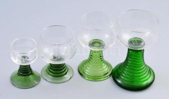 4 darab römer pohár, közte csiszolt vadászmintával, m: 13 cm alatt