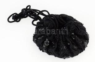 Fekete gyöngyfűzött színházi táska / szütyő, d: 18 cm