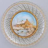 Téli tájat ábrázoló képpel üveg dísztál, cca 20. sz eleje, d: 18,5 cm