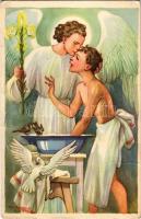 A cserkész testben és lélekben tiszta. Cserkész levelezőlapok kiadóhivatala / Hungarian boy scout art postcard s: Márton L. (fa)