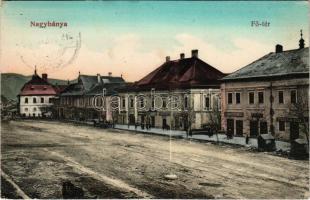 1915 Nagybánya, Baia Mare; Fő tér, Steinfeld Béla, Máday Pál, Boda, Konteszhagen Ödön, Troplovits Márton üzlete. Frankovits A. kiadása / main square, shops (EK)