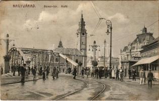1914 Nagyvárad, Oradea; Bémer tér, hídfő, Lőrincz üzlete. Rigler József Ede kiadása / square, bridge, shops (fl)