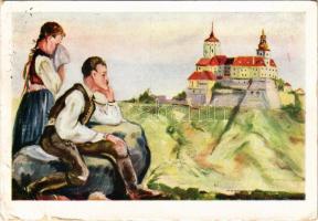 1935 Fraknó, Forchtenstein; Az ősi fraknói vár. Magyar múlt dicsősége, magyar jövő reménysége. Kiadja a Magyar Nemzeti Szövetség, Don Bosco Ny. / Forchtenstein castle (Burgenland), Hungarian irredenta propaganda art postcard s: Márton L., Nógrády M. (EB)