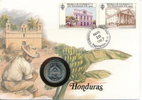 Honduras 1980. 10c Cu-Ni felbélyegzett borítékban, bélyegzéssel, német nyelvű leírással T:UNC Honduras 1980. 10 Centavos Cu-Ni in envelope with stamp and cancellation, with German description C:UNC